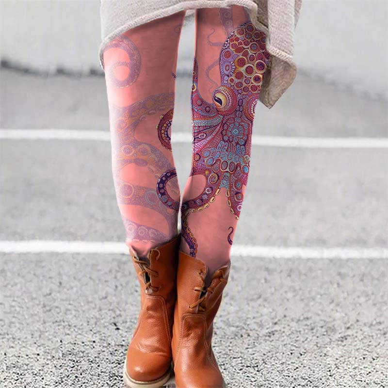 Unique Exquisite Octopus Pattern Art Print Leggings - Pink - 5XL - image 5