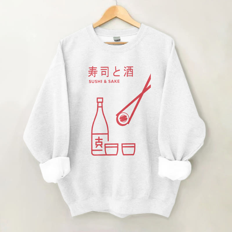 100% Cotton Sushi And Sake Pattern Print Round Neck Casual Fleece Sweatshirt - White - 2XL - image 2