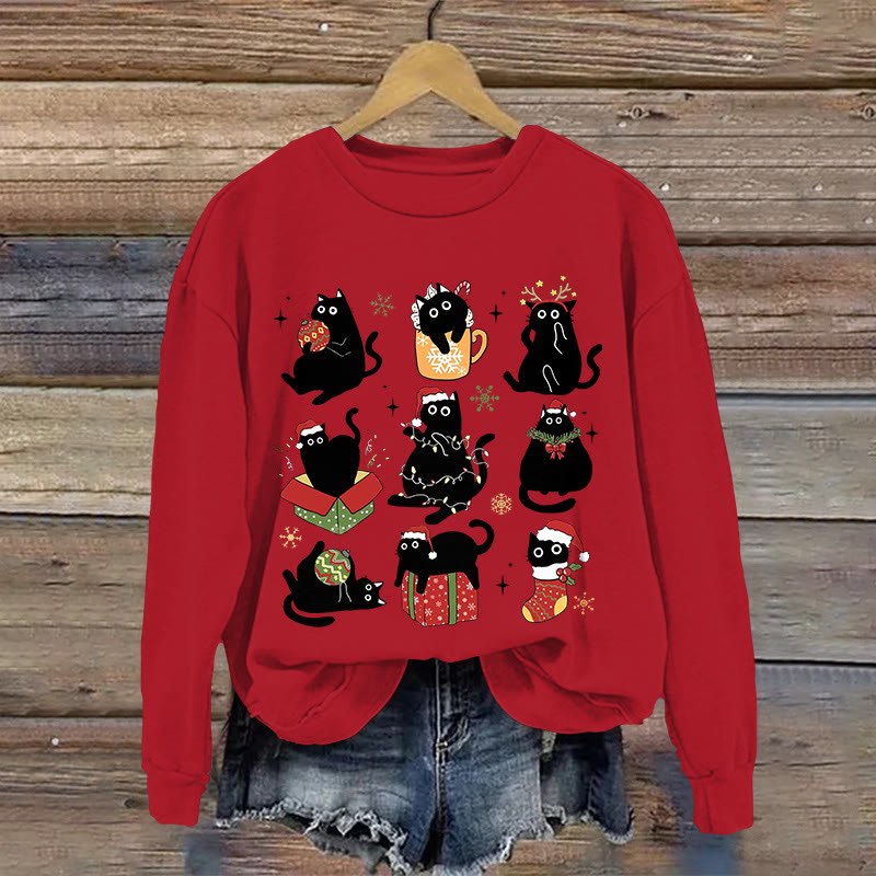 Christmas Cat Pattern Print Long Sleeve Sweatshirt - Red - US16-18(2XL) - image 3