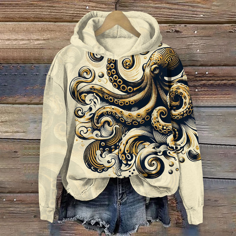 Contrasting Ink Watercolor Octopus Print Long Sleeve Hoodie - Beige - US44-46(8XL) - image 4