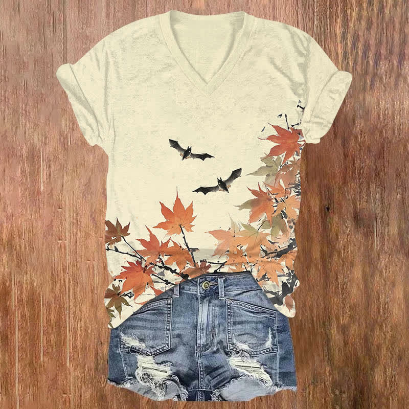Halloween Vintage Bat Flying Over Maple Tree Print V-neck T-shirt - Beige - US32-34(5XL) - image 2