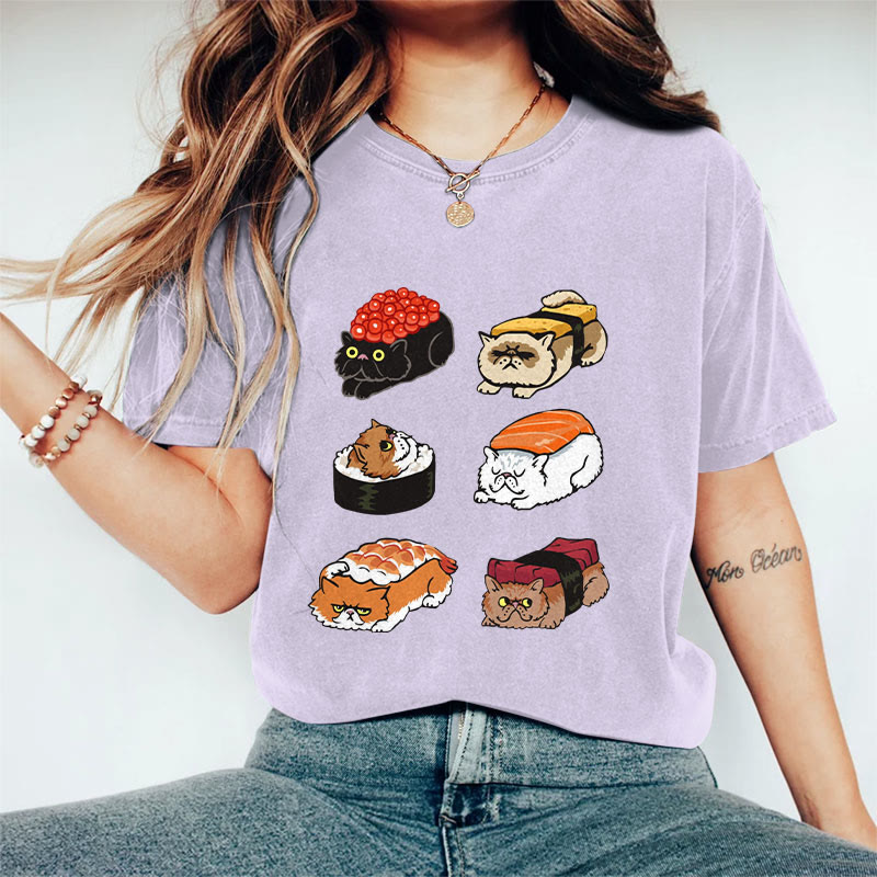 100% Cotton Funny Sushi Cat Art Print T-shirt - Purple - US16-18(2XL) - image 9
