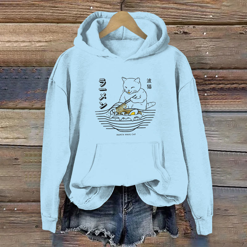 100% Cotton Japanese Wave Cute Cat Ramen Print Women's Hoodie - Blue - 2XL - image 4