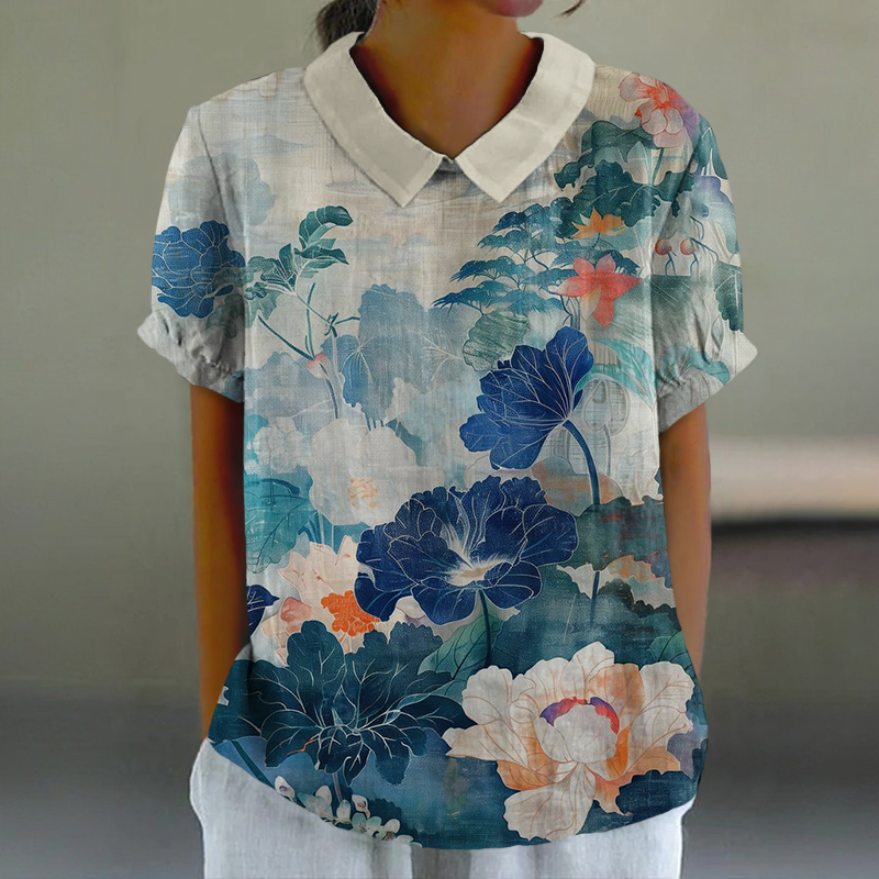 Vintage Watercolor Camellia Art Print Casual Lapel Loose Blouse - Blue - 6XL - image 1