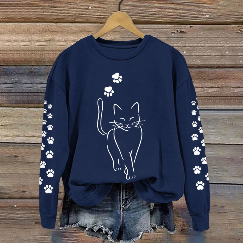 Funny Cat And Footprints Casual Crew Neck Sweatshirt - Blue - 5XL - image 5