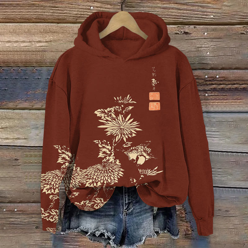 Vintage Chrysanthemum Print Long Sleeve Hoodie - Red - 8XL - image 7