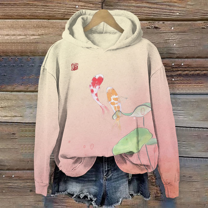 Ombre color Fish in pond Print Long Sleeve Hoodie - Apricot - US44-46(8XL) - image 2
