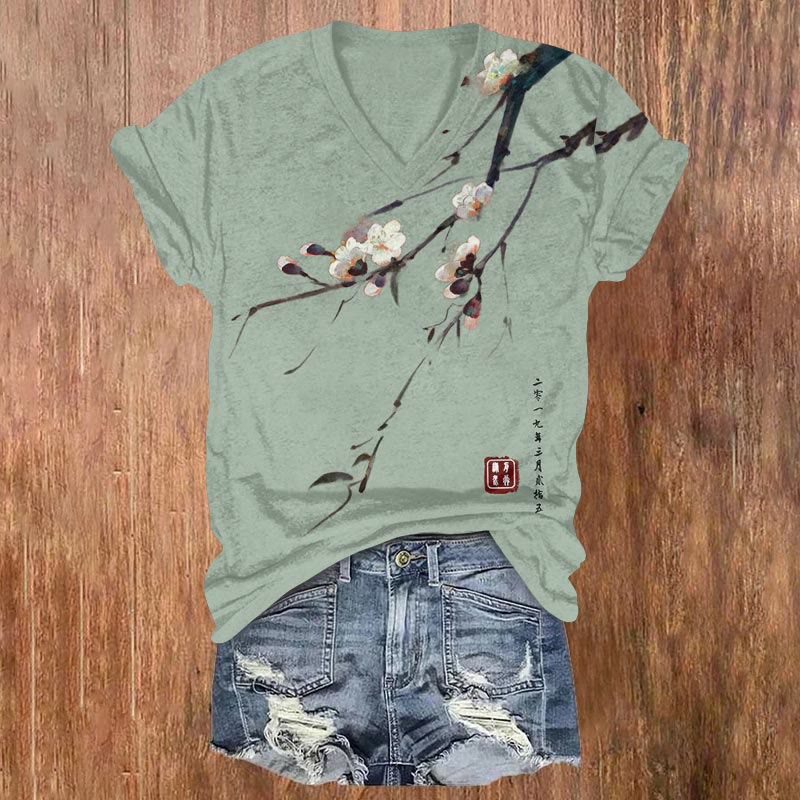 Vintage Plum Blossom Art Print V-neck T-shirt