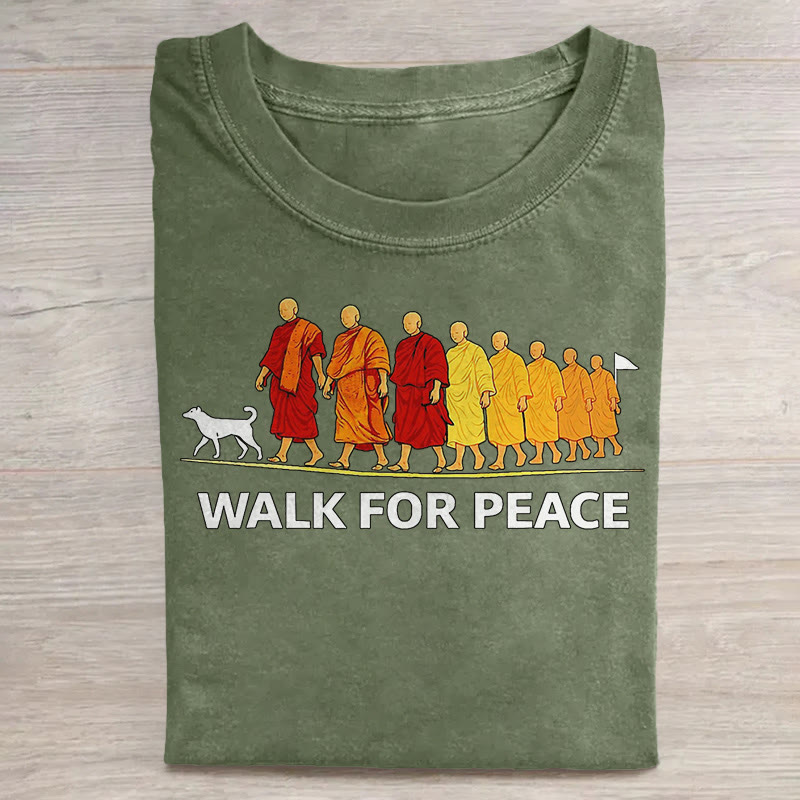 unisex Walk for Peace Monk Pattern Art Print Acid Washed T-shirt - Light Green - US20-22(3XL) - image 6
