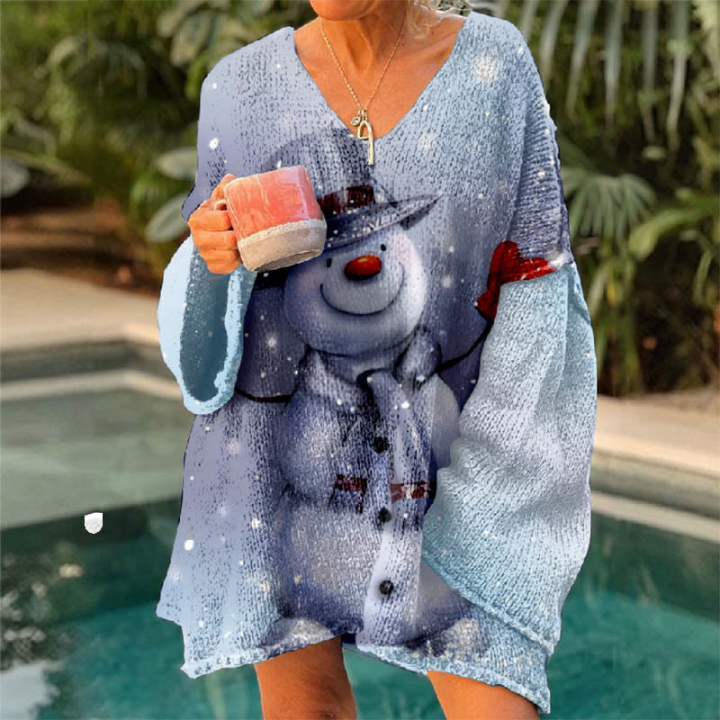 Geometric Snowflake Lovely Snowman Christmas Art Print V-neck Pullover Sweater - image 2