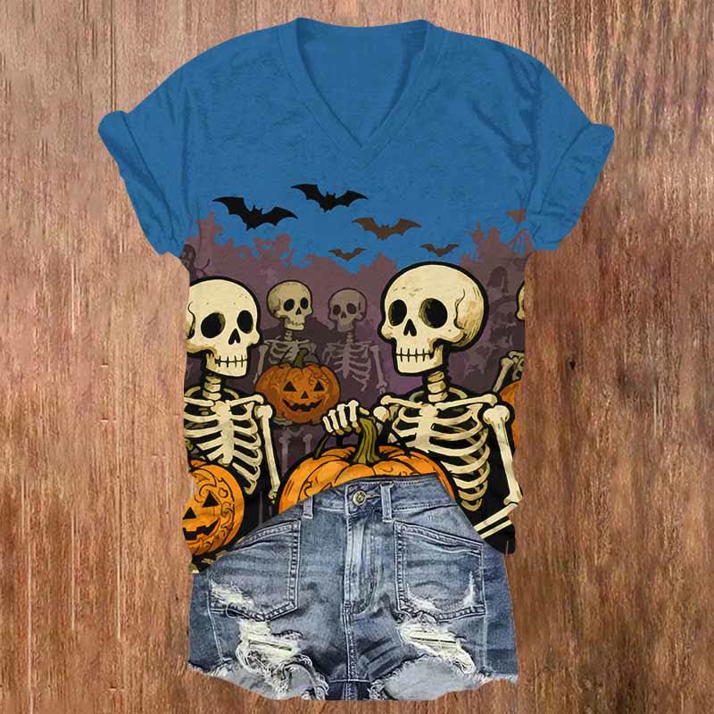 Halloween Skeleton Man Holding Pumpkin Print V-neck T-shirt - Blue - US32-34(5XL) - image 2
