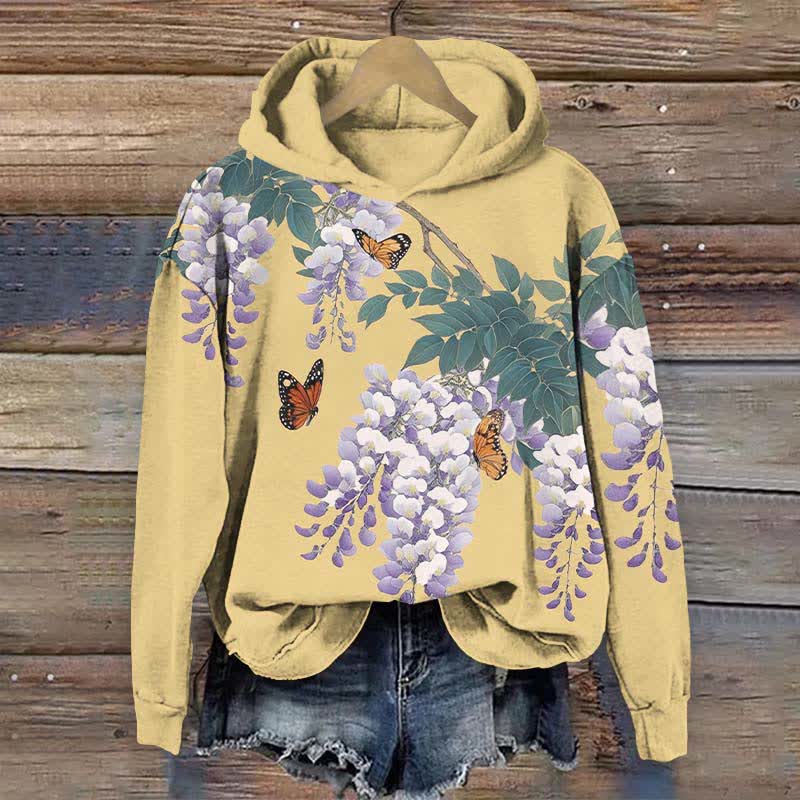 Japanese Watercolor Lavender Blossom Art Print Long Sleeve Hoodie - Yellow - US44-46(8XL) - image 3