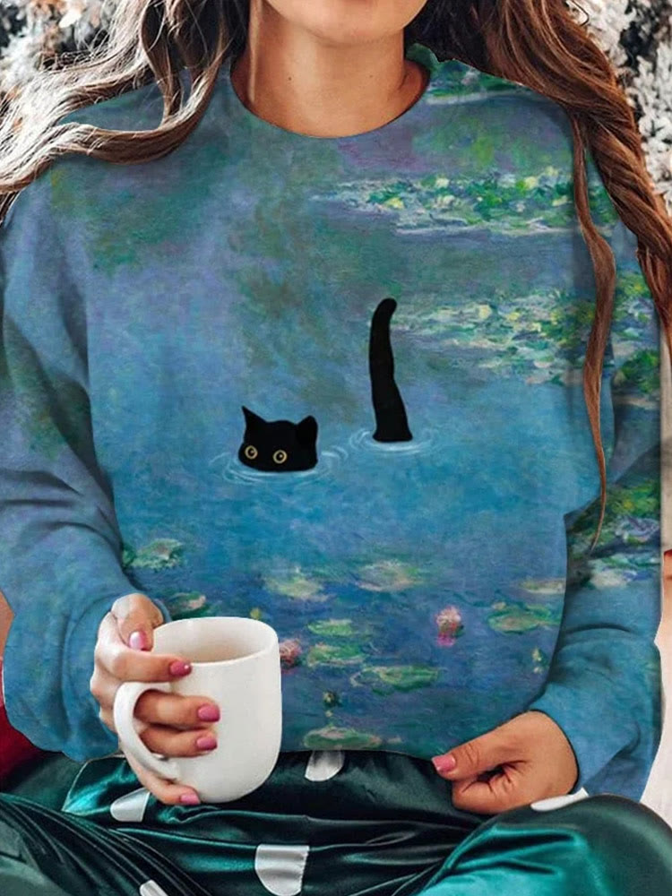 Women's Oil Painting Cat Print Crew Neck Sweatshirt