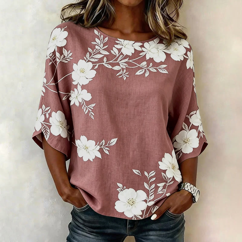Vintage Floral Branch Print 3/4 Sleeve Casual Blouse - Pink - 4XL - image 3