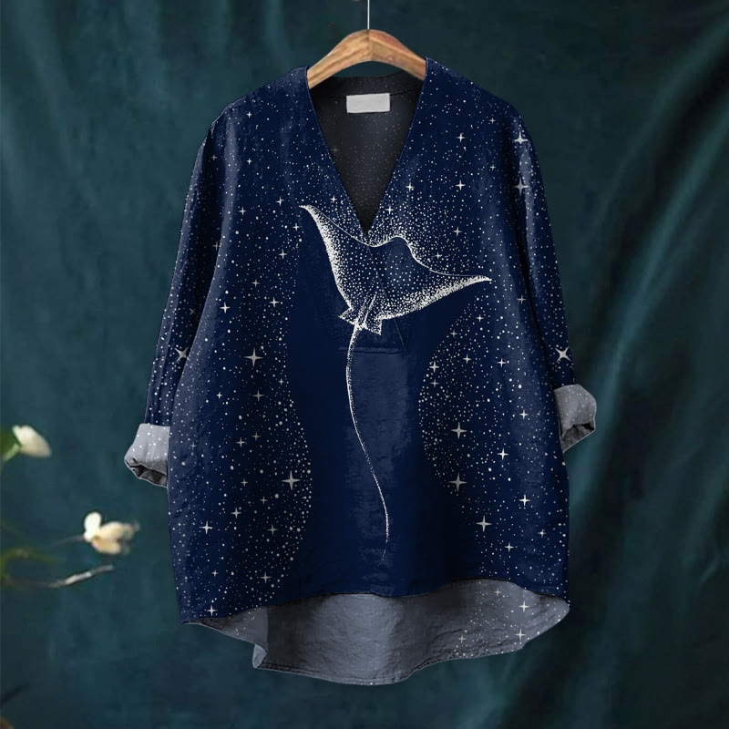 Starry Spotted Eagle Rays Print Casual V-neck Blouse - image 4