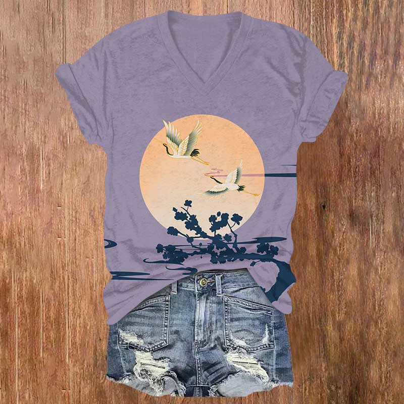 Japanese Sun Crane & Plum Blossom Art  Print V-neck T-shirt - Purple - US32-34(5XL) - image 3