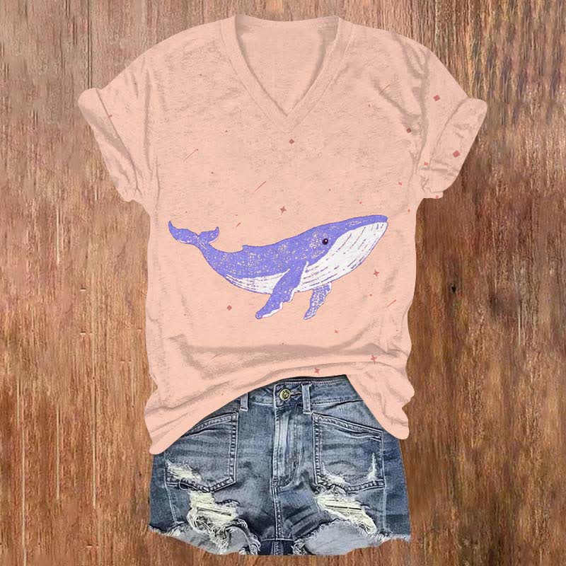 Japanese Lovely Whale In Starry Sky Art Print V-neck T-shirt - Pink - US32-34(5XL) - image 4