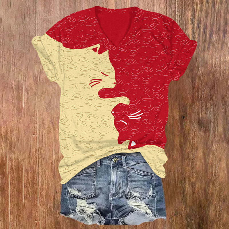 Asymmetrical Cats Graphic Print V-neck T-shirt - Red - US32-34(5XL) - image 2