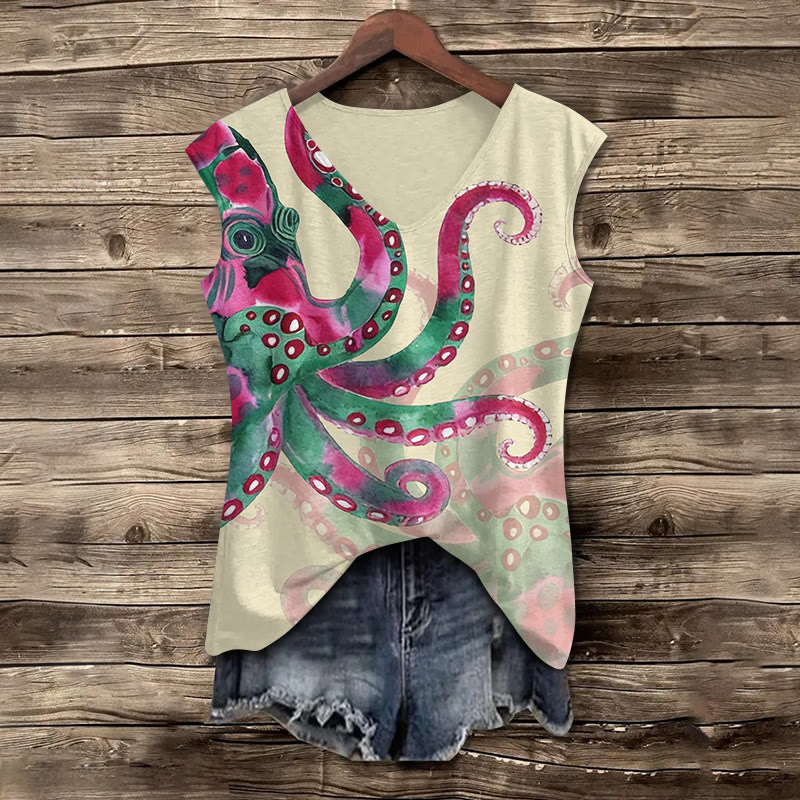 Watercolor Art Octopus Pattern Print V-neck Tank Top - Apricot - 5XL - image 5