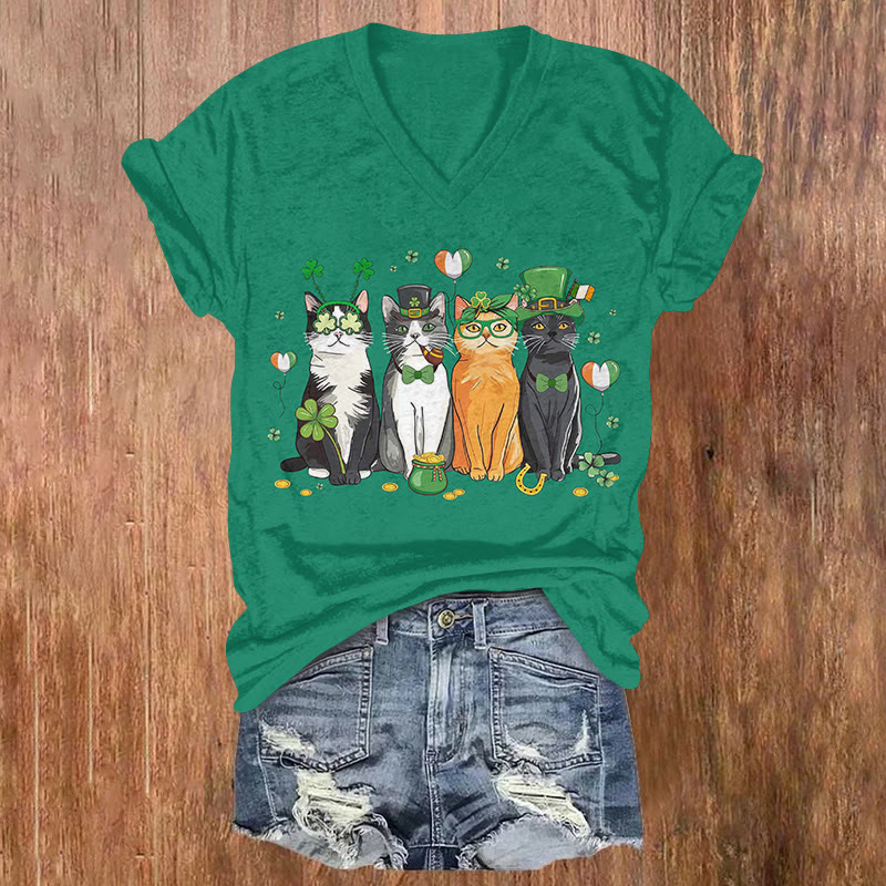 St. Patrick's Day Cat Squad Pattern Short Sleeved V-Neck T-Shirt - Green - US32-34(5XL) - image 3