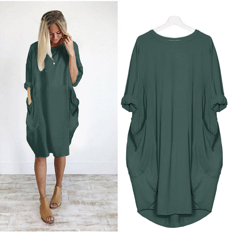Women's Solid Color Loose Elegant Casual Long-sleeved Pocket Dress - Olive Green - 8XL - image 5