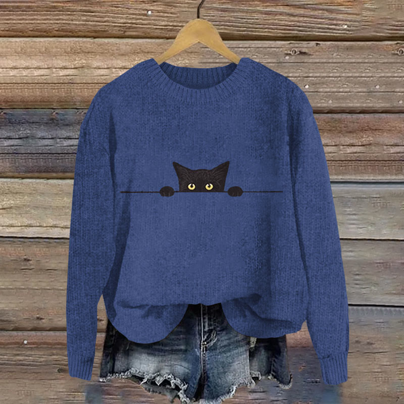 Women's Black Cat Print Crew Neck Casual Sweater - Blue - XL - image 5