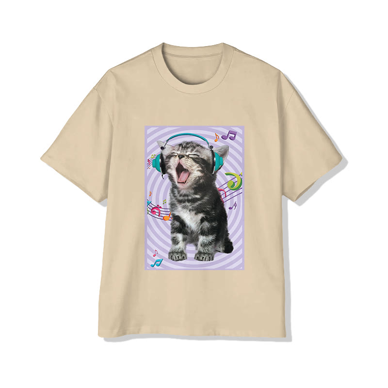 Unisex Music Loving Kitten With Headphones Pattern Short Sleeved Crew Neck T-Shirt - Apricot - 2XL - image 4