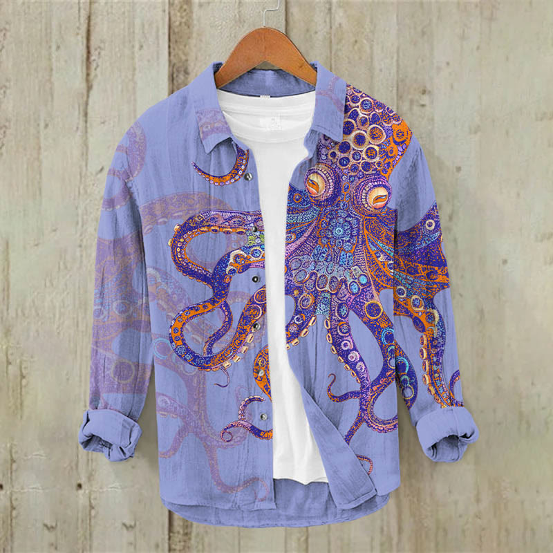 Unique Exquisite Octopus Pattern Print Casual Long Sleeve Lapel Shirt - Light Purple - 5XL - image 3