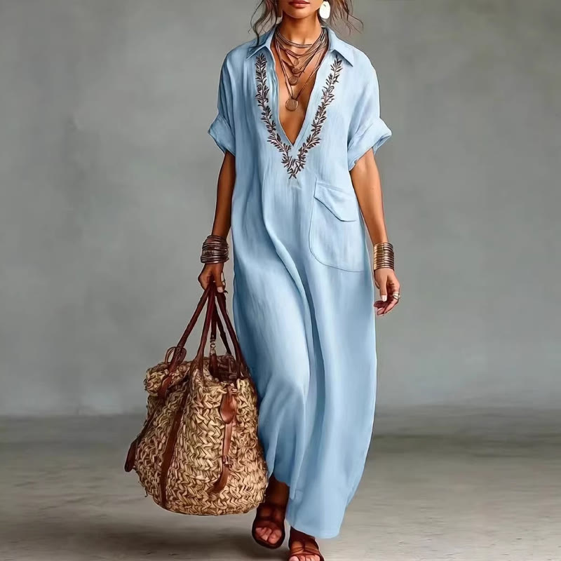 Elegant Solid Embroidered V-neck Pocket Lapel Short-sleeve Maxi Dress - Light Blue - 3XL - image 5