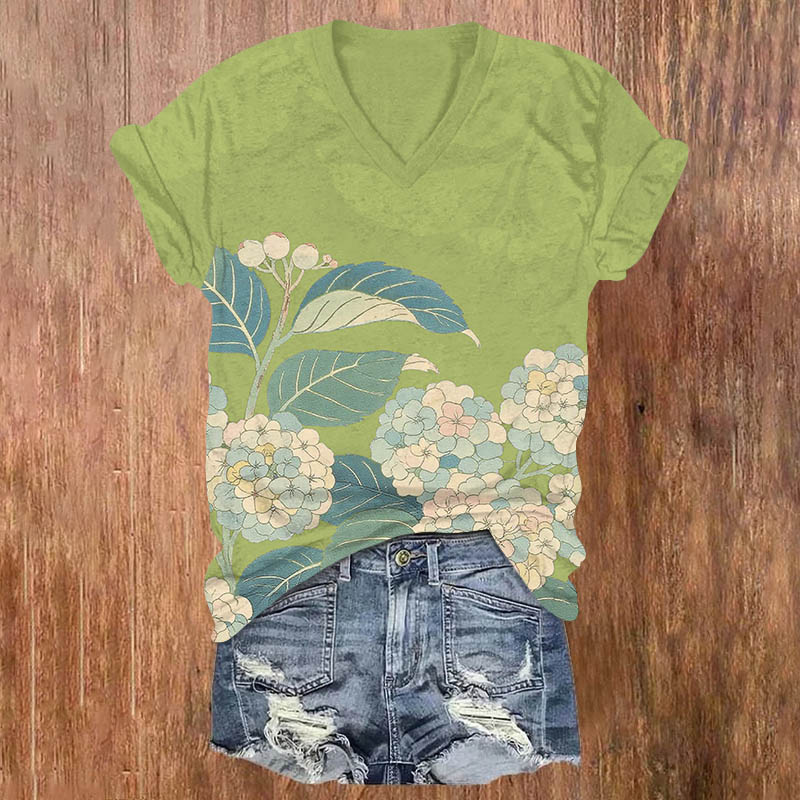 Vintage Cartoon Hydrangea Art Print V-neck T-shirt - Green - US32-34(5XL) - image 2