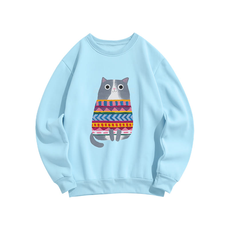 Funny Cat Wearing Colorful Striped Sweater Print Crew Neck Sweatshirt - Blue - US16-18(2XL) - image 6