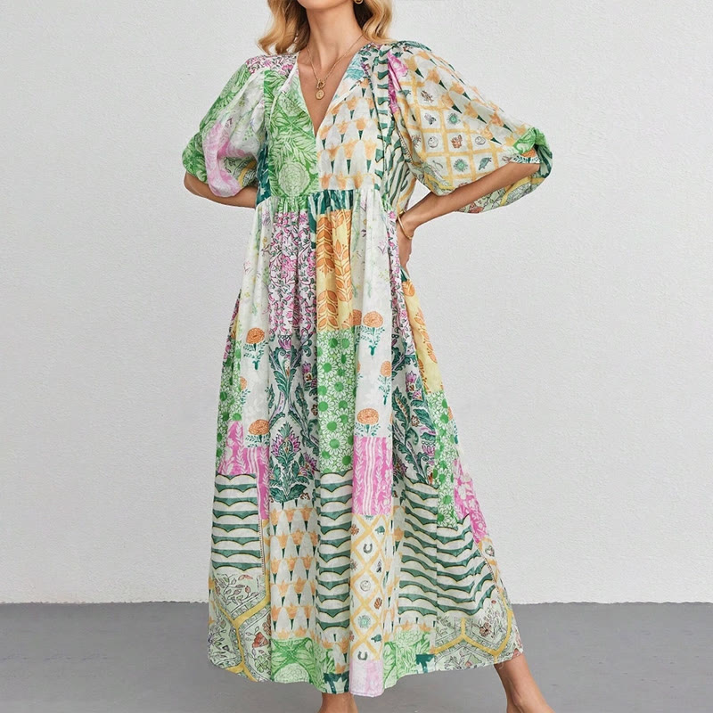 Boho Ethnic Patchwork Patterns Lace-up V-neck Lantern Sleeves Maxi Dress - Green - 3XL - image 3