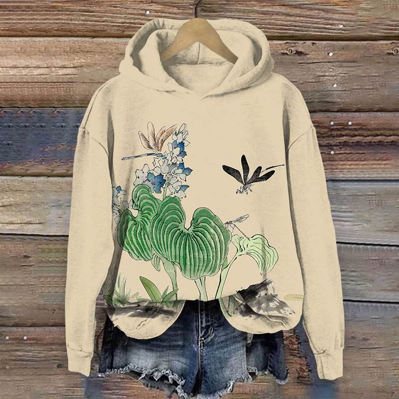Japanese Style Floral Dragonfly Art Print Long Sleeve Hoodie - Apricot - 8XL - image 1