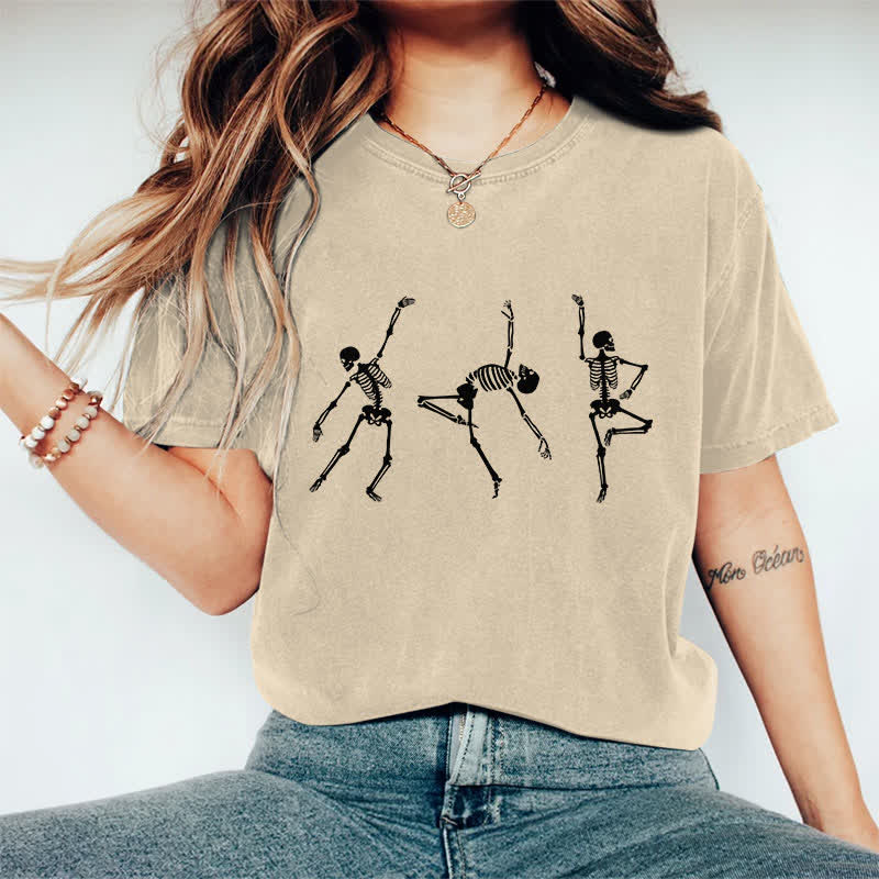 100% Cotton Women's Halloween Funny Dancing Skeleton Man Art Print Casual T-shirt - Apricot - 2XL - image 6