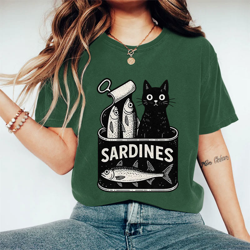 100% Cotton Women's Lovely Canned Sardines & Black Cat Art Print Casual T-shirt - Dark Green - 2XL - image 6