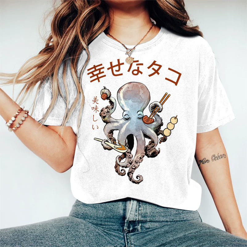 100% Cotton Women's Japanese Octopus Enjoying Food Art Print Casual T-shirt - White - 2XL - image 3