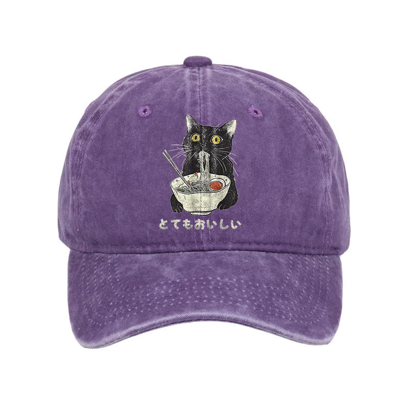 Unisex 100% Cotton Cats Eat Ramen Noodles Vintage Print Cap - Purple - one size - image 5