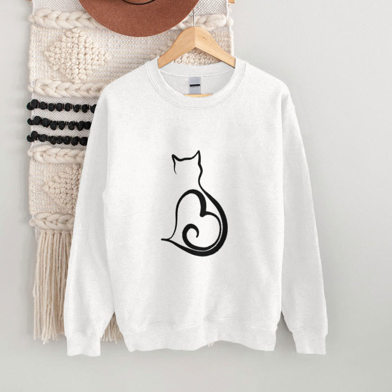 100% Cotton Japanese Simple Lines Love Cat Print Casual Fleece Sweatshirt
