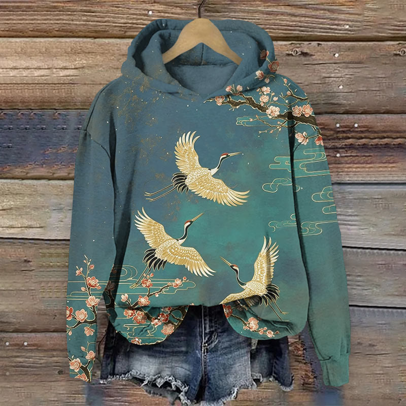  Japanese Vintage Sakura & Flying White Cranes Art Print Long Sleeve Hoodie - Green - US44-46(8XL) - image 3