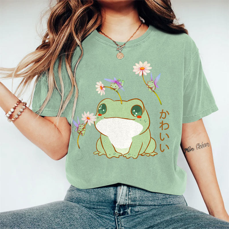 100% Cotton Women's  Japanese Lovely Floral Frogs Art Print Casual T-shirt - Green - 2XL - image 2