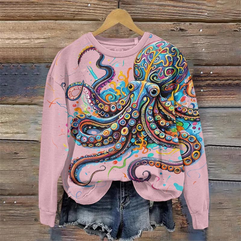 Vintage Rainbow Octopus Art Print Sweatshirt - Pink - 5XL - image 2