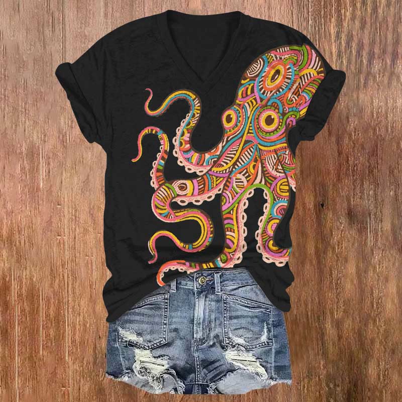 Rainbow Striped Octopus Art Print V-neck T-shirt - Black - US32-34(5XL) - image 5