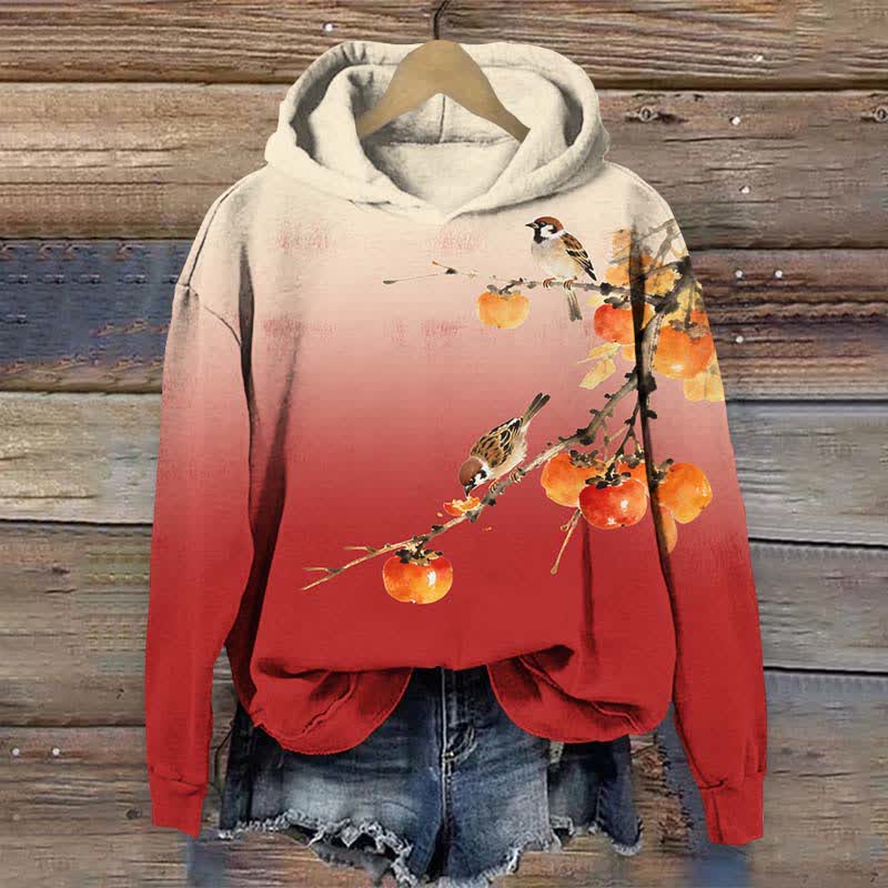 Japanese Cute Bird Eating Persimmon On The Branch Print Long Sleeve Hoodie - Red - US44-46(8XL) - image 3