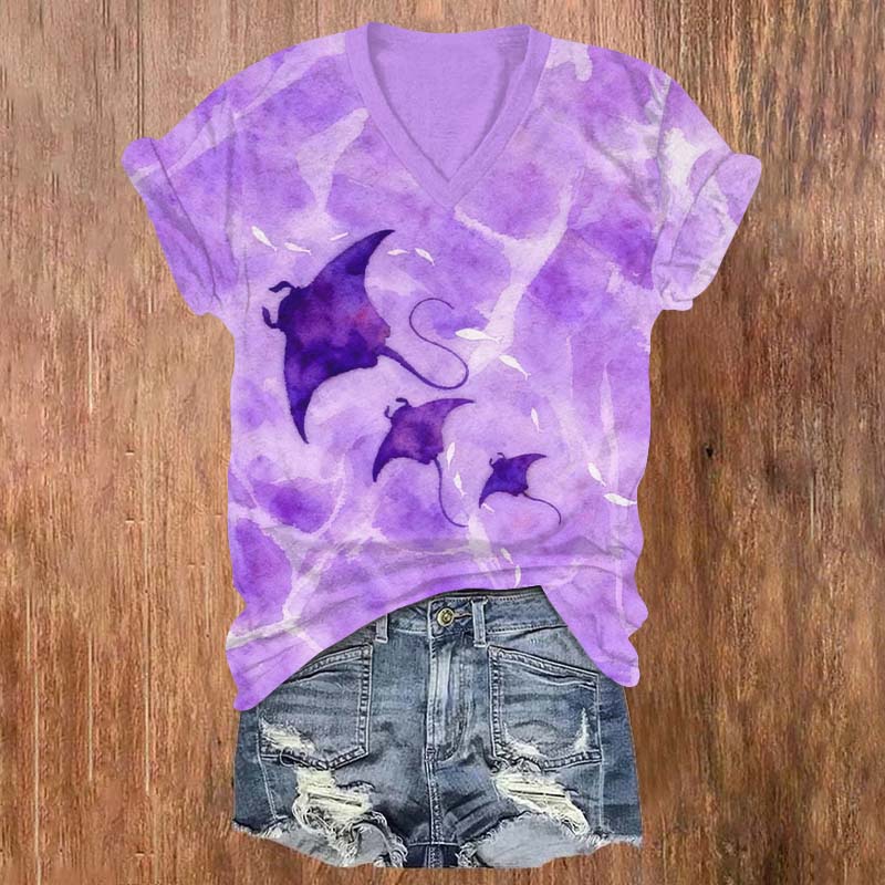 Sparkling Ocean Ray Print V-neck T-shirt - Purple - US32-34(5XL) - image 2
