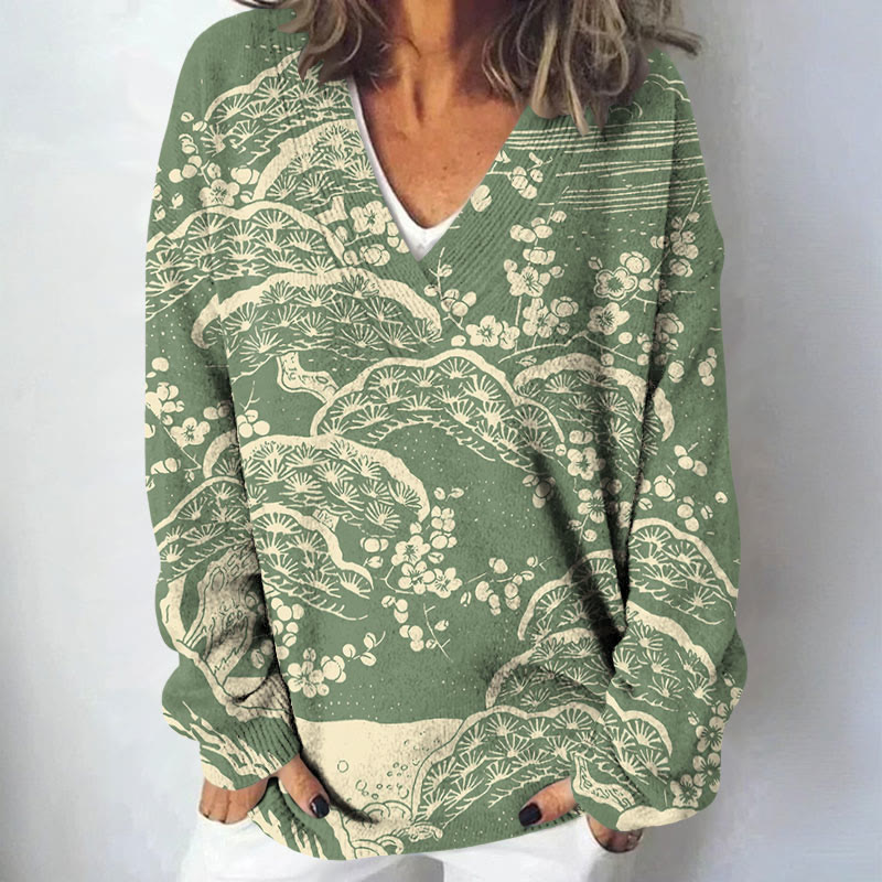 Women's Japanese Art Plum Blossom Art Print Causal V-neck Pullover Sweater - Green - 4XL - image 2