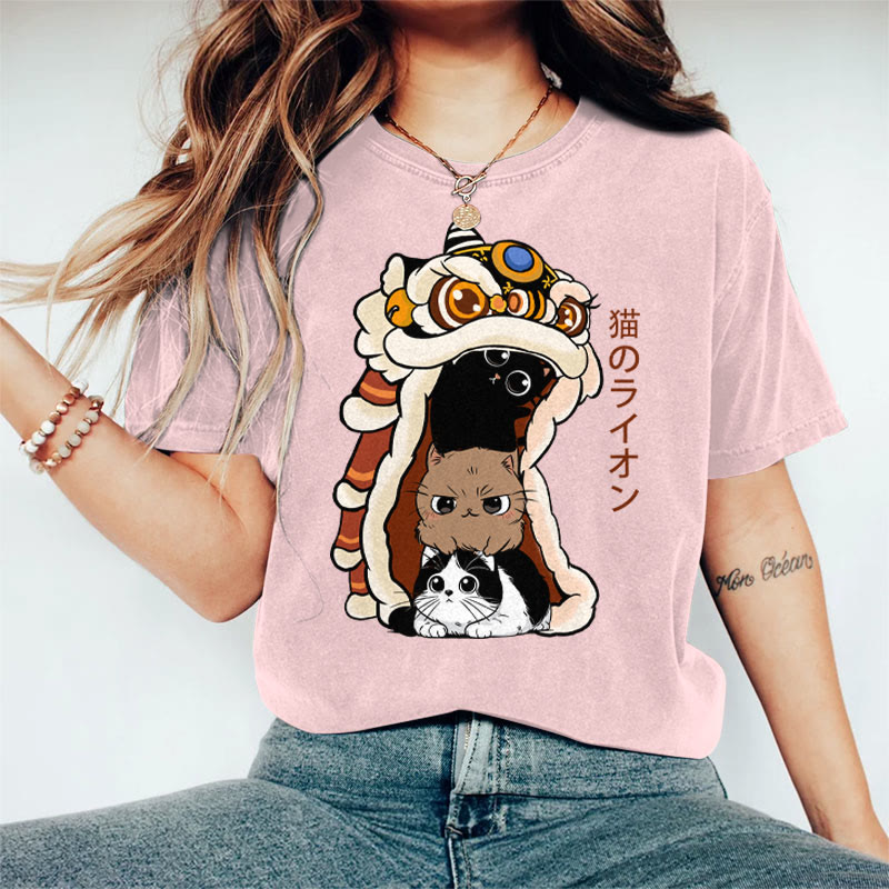 100% Cotton Women's Japanese Creative Lion Dance Cat Art Print Casual T-shirt - Pink - 2XL - image 3