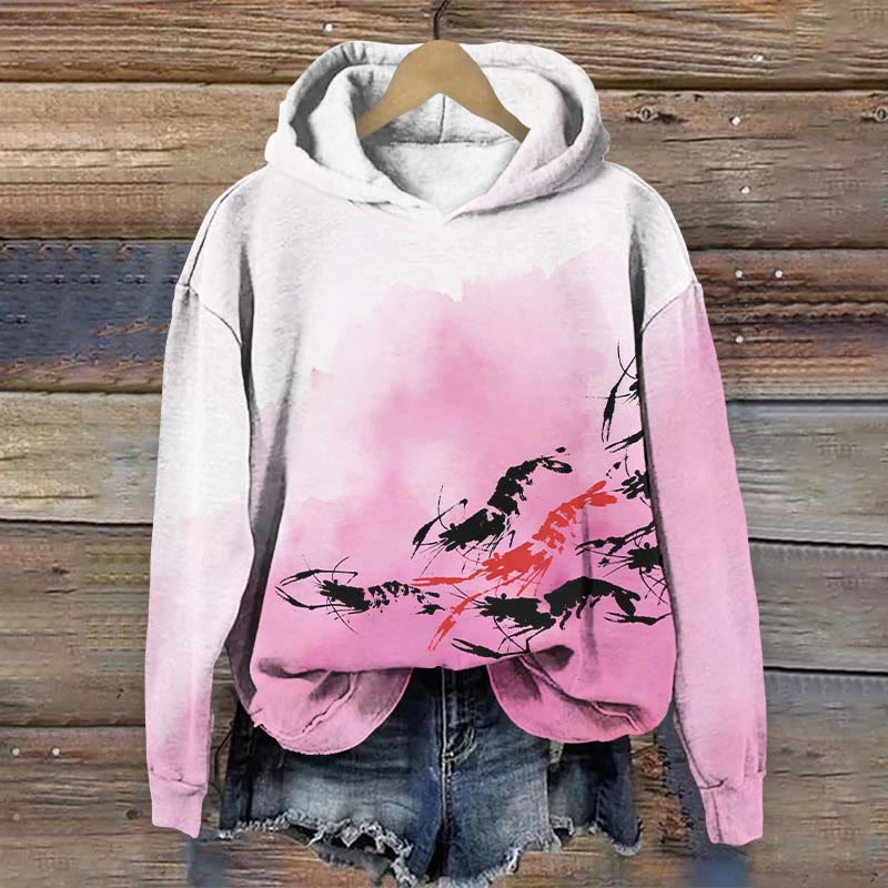 Gradient Hoodie With Ink Style Shrimp Print Long Sleeve Hoodie - Pink - US44-46(8XL) - image 3