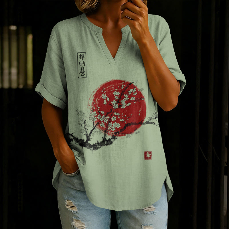 Women's Sunrise Japanese Art Print Print Short Sleeve Casual Blouse - Green - 5XL - image 4