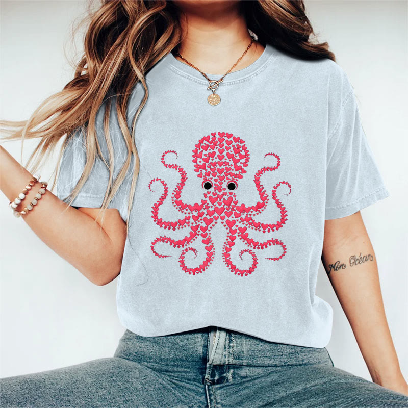 100% Cotton Valentine's Day Octopus Heart T-shirt - Blue - 2XL - image 8