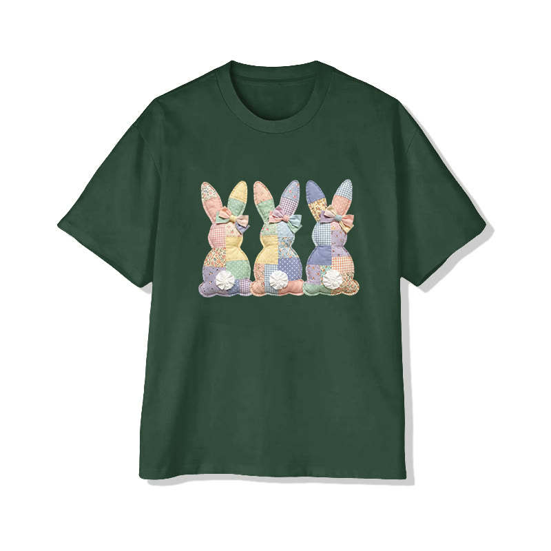 Easter Three Bunnies Garden Flowers Print Pattern Cotton Print T-shirt - Green - US16-18(2XL) - image 5